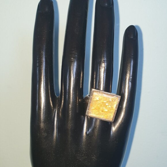 Very Unique Bold Vintage Faux Yellow Opal German Silver Ring - Picture 3 of 11